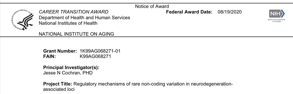 Got some great news this morning in the form of the NOA for my K99 from NIA. I'm thrilled to get started!