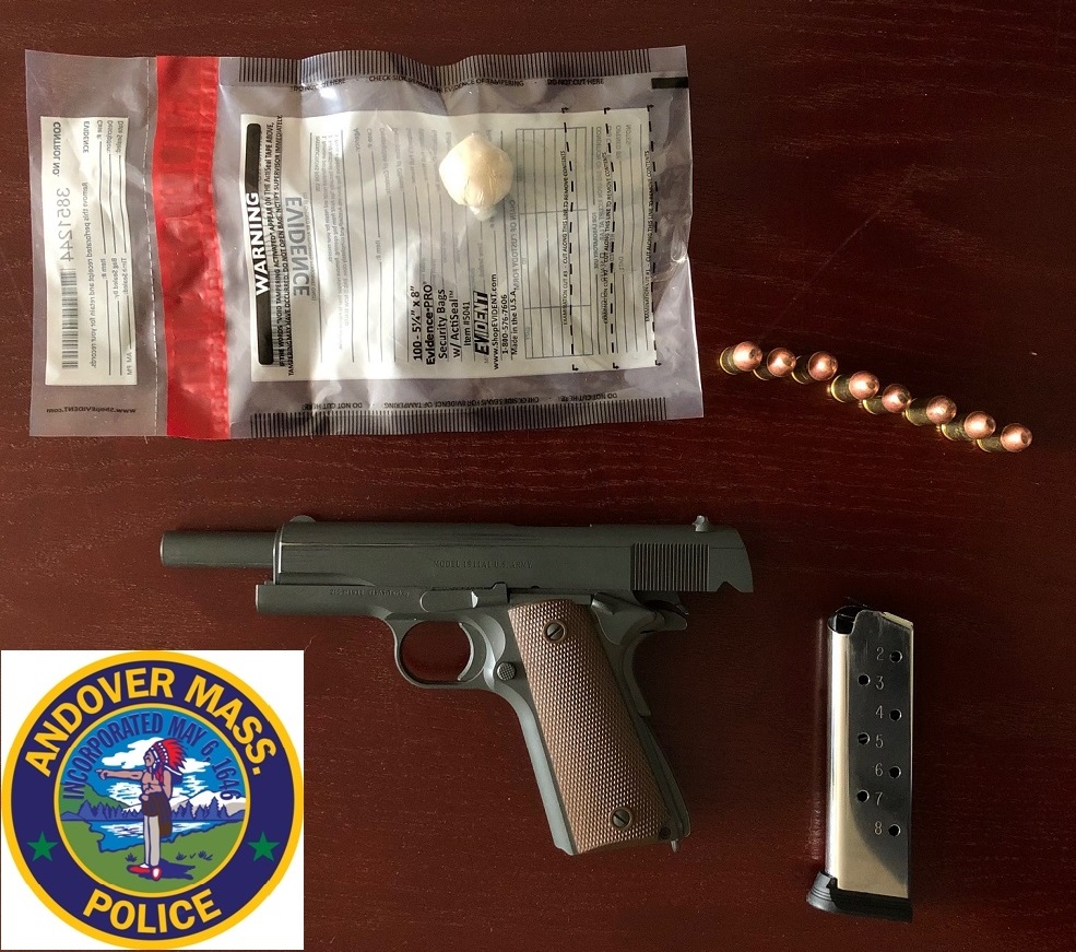 AndoverMassPD's tweet photo. Male arrested by #AndoverMA Police for illegal possession of a loaded firearm and suspected fentanyl. See photo for info. #andover https://t.co/hQTYruZGdy