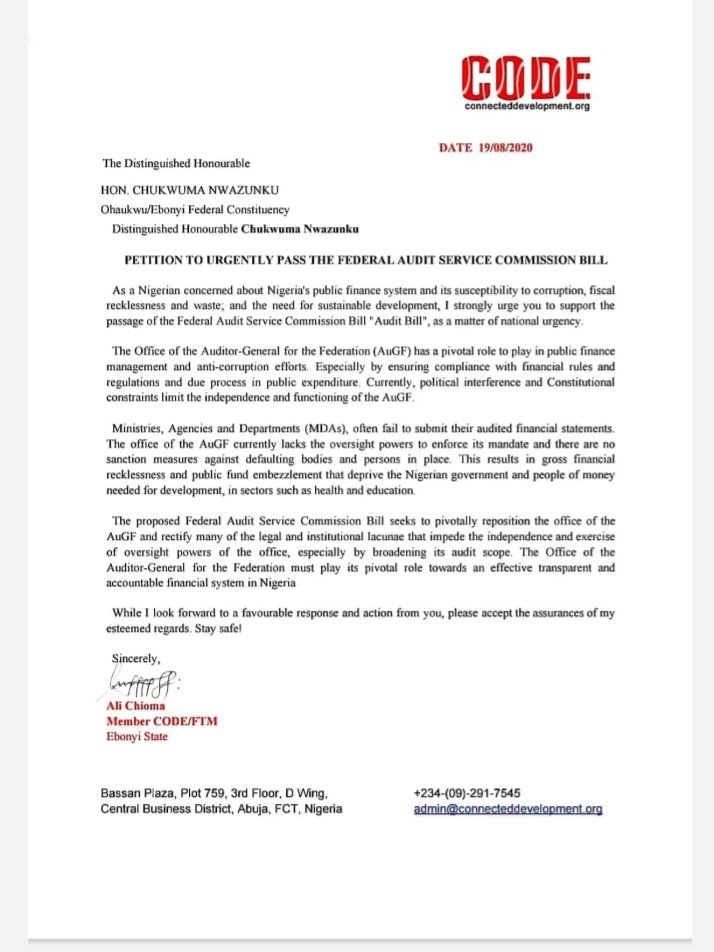 AliChyoma's tweet photo. I just sent a petition to Hon. Chukwuma Nwazunku representing the Ebonyi/Ohaukwu federal constituency in Ebonyi North Senatorial zone in Ebonyi state to urgently pass the Federal Audit Service Commission bill #Auditbill.

#AuditMoneyTrail 
#WriteYourLegislator
#EbonyiFTM https://t.co/lfRB2Iqu6w
