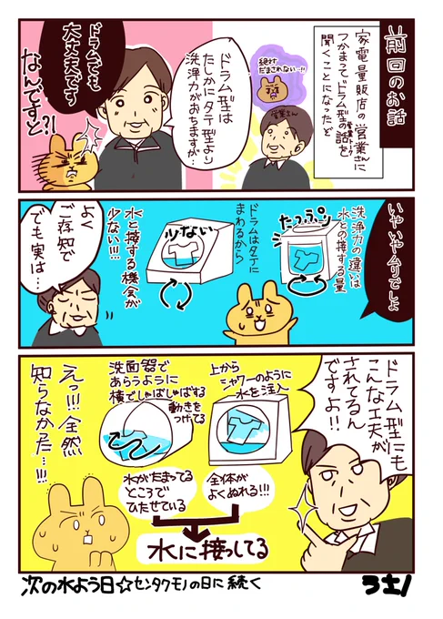 ?水曜日は★センタクモノの日?
果たして私たち家族は理想の洗濯機を買えるのか…!?⑥
『ドラム型の洗浄工夫』
#コルクラボマンガ専科
#洗濯機
ここまで来るともう業界の方だったら、この営業さんはどこのメーカーさんなのかわかりそうですね…笑 