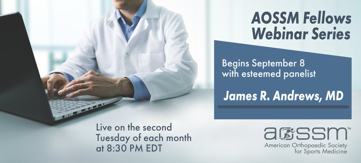 aossm1972's tweet photo. We are excited to continue the success of the Spring 2020 AOSSM Fellows Webinar Series. Beginning 9/8, the series will feature Sports Medicine Leadership Lectures, clinical &amp; case-based presentations, team physician discussions &amp; Transition to Practice topics #AOSSMFellows https://t.co/M5BUNHZH9V