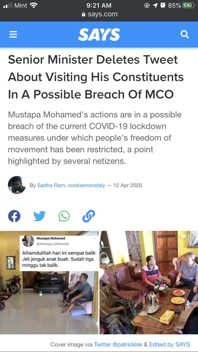 Economic Affairs Minister, Mustapa Mohamed, tweeting about returning to his home constituency, in violation of restrictions on interstate travel.