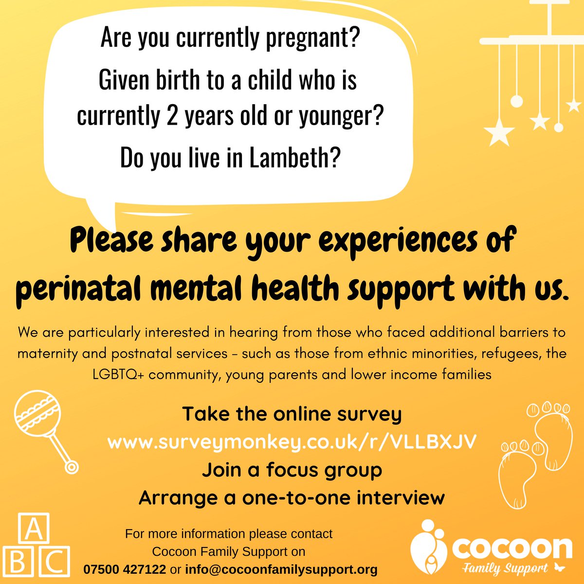 3Spaceorg's tweet image. Calling all parents/parents to be in Lambeth! One of our GIVE floor tenants @CocoonFS alongside @blgmind  are conducting a survey on perinatal mental health support. If you can spare 6 mins please help them out and fill in their survery: surveymonkey.co.uk/r/VLLBXJV