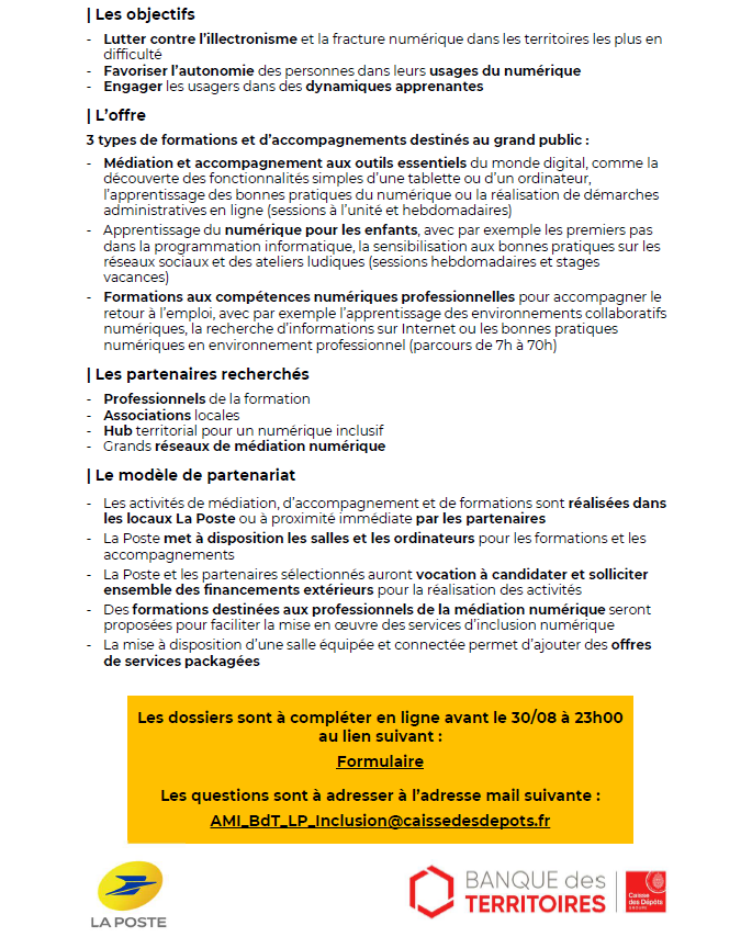 📢En cette veille de rentrée (et de #relance), Le <a href="/GroupeLaPoste/">La Poste Groupe</a> avec le soutien de la <a href="/BanqueDesTerr/">Banque des Territoires</a> cherche à développer son offre #numeriqueinclusif et ce dans les territoires les + en difficulté !💪

👉Professionnel.le.s du sujet, parlons en !🖊️ contribuez &amp; contactez nous 📩