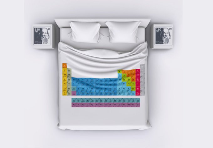 A periodic table that is shown on a duvet