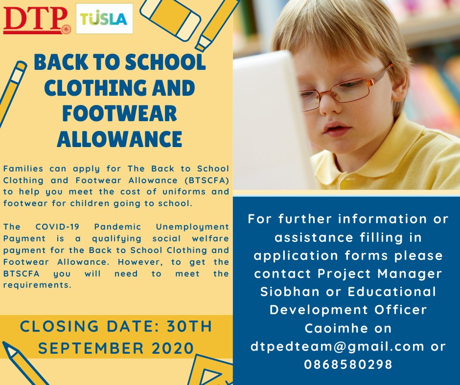 BACK TO SCHOOL! CLOSING DATE: 30th SEPTEMBER 2020

For more information please see below link: citizensinformation.ie/en/social_welf…