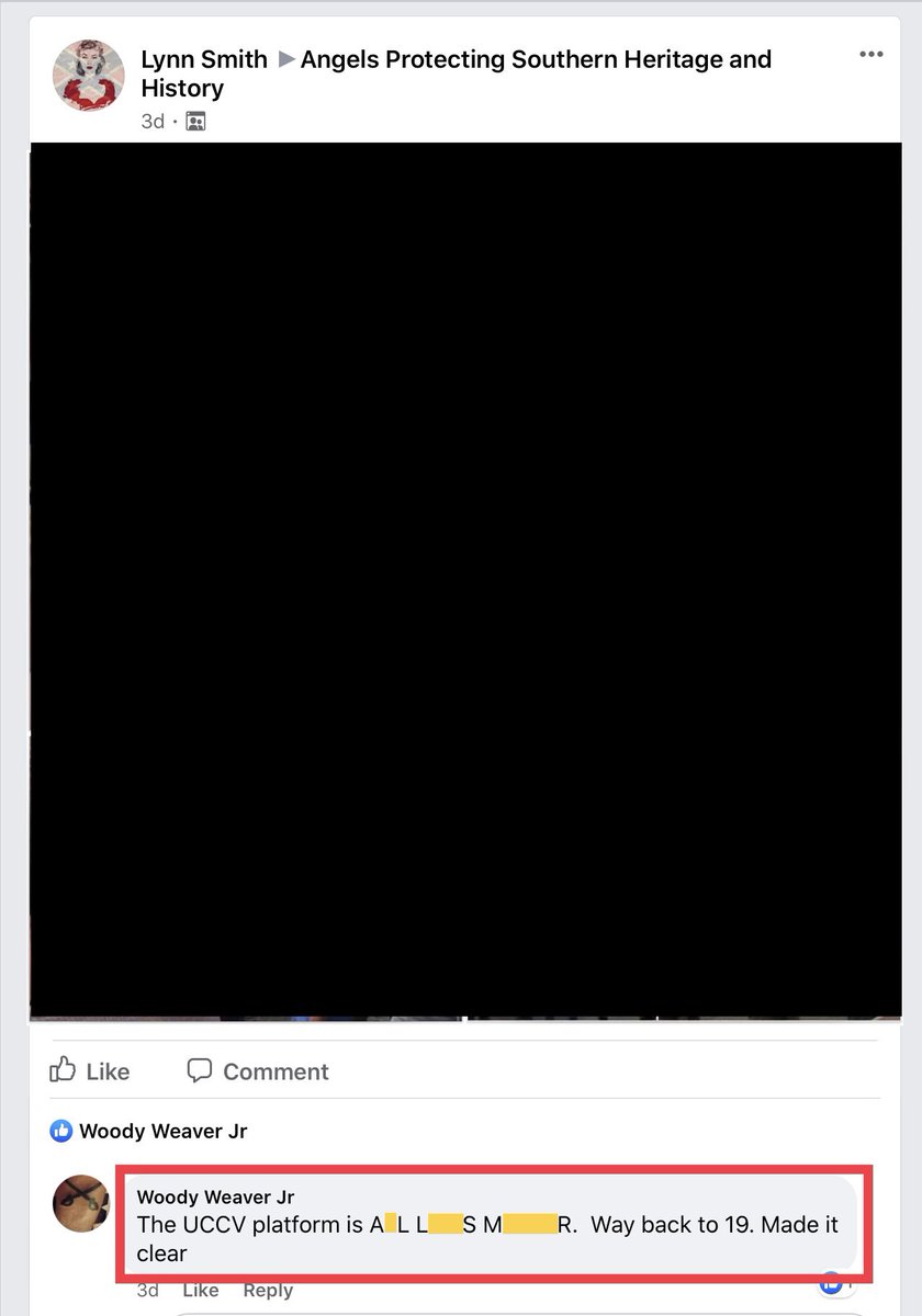 6/ As part of Woody Weaver's UCCV consortium, Ovitt's "Angels" group is therefore allied with hate group League of the South. We can see Lynn Smith (=Tracey Ovitt) "LIKE" Woody's post of the LoS flag.The UCCV platform is the racist slogan All L---- M-----.  @ABBgroupnews
