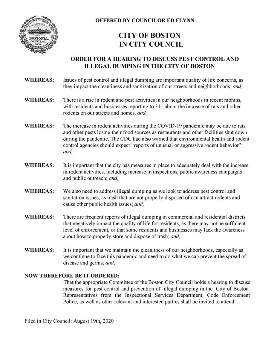 Calling for hearing today <a href="/BOSCityCouncil/">Boston City Council</a> on pest control &amp; illegal dumping. Many neighbors contacted me regarding rise in pest/rodent activity recently, along w illegal dumping in residential &amp; commercial districts. Look forward to discussion on quality of life issues #bospoli