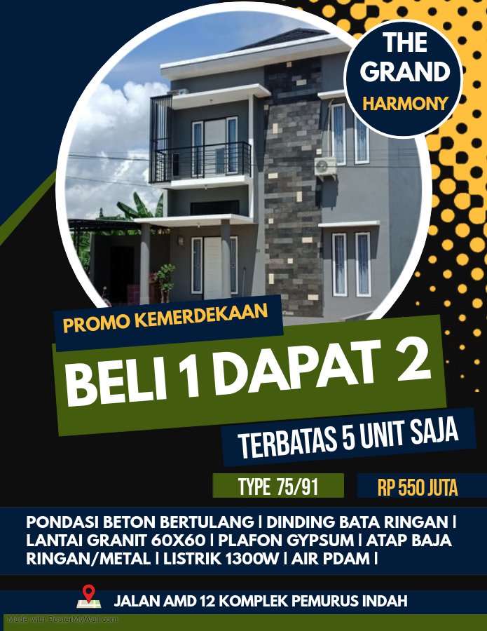 Kapan lagi beli rumah dapat rumah hanya di The Grand Harmony !
#propertybanjarmasin
#rumahsiapbangun
#clustermewah
#jualrumahmurah
#rumah2lantai
#TheGrandharmonyResidence
#Amd12
#pemurusindah
#Banjarmasinselatan
#Security24jam
#OneGateSystem https://t.co/HT55C6uodI