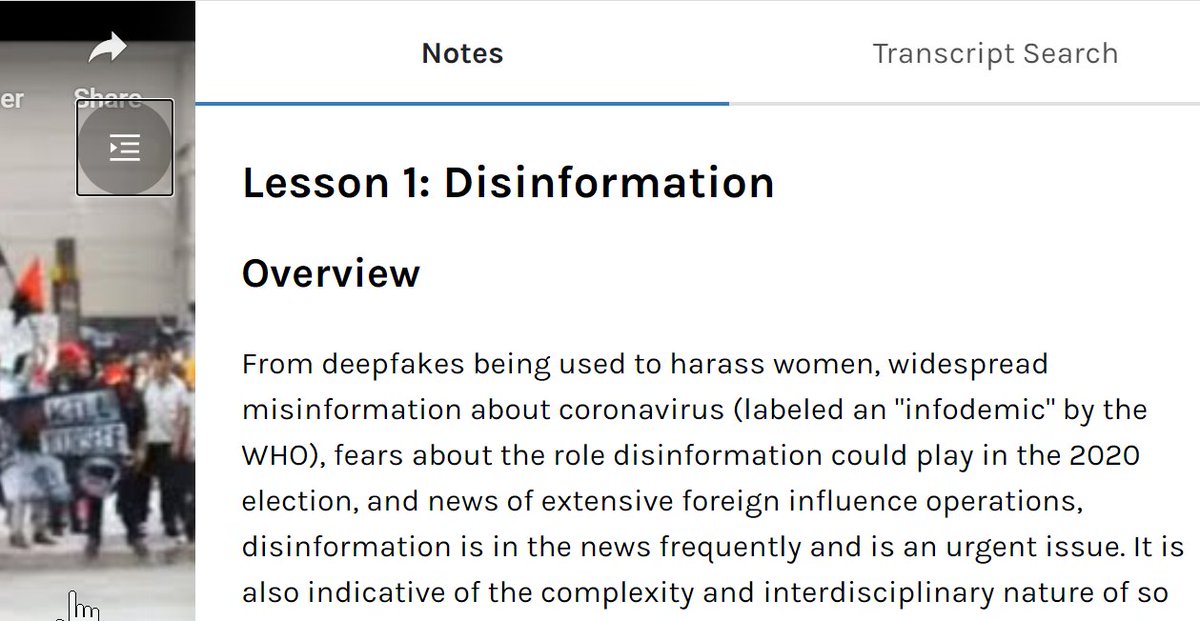 You can find the lesson videos for the Applied Data Ethics course starting here. There's an icon near the top right of the video that opens lesson notes & transcript search.  http://ethics.fast.ai/videos/?lesson=1