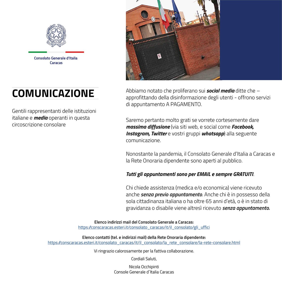 IICCaracas's tweet photo. #INFORMACIÓN El Consulado General de Italia en Ccas y la Red Honoraria están abiertos. Citas sólo por EMAIL y GRATIS. Para asistencia médica/económica NO se requiere cita. Quienes posean SÓLO pasaporte italiano, mayores de 65, embarazadas y discapacitados son atendidos sin cita https://t.co/TJYSHySixZ