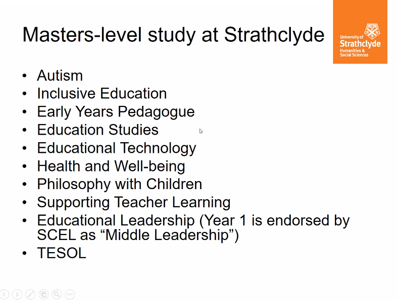 StrathEDU's tweet photo. Next, @joanna_holmes discusses the MEd Programme @StrathEDU. Joanna is the director of Postgraduate Taught Programme and discusses how ITE has moved on from the Donaldson Report. She shares the wide range of pathways and structures we have on our Masters programme. #StrathCLPL https://t.co/Y70j7u4SmT