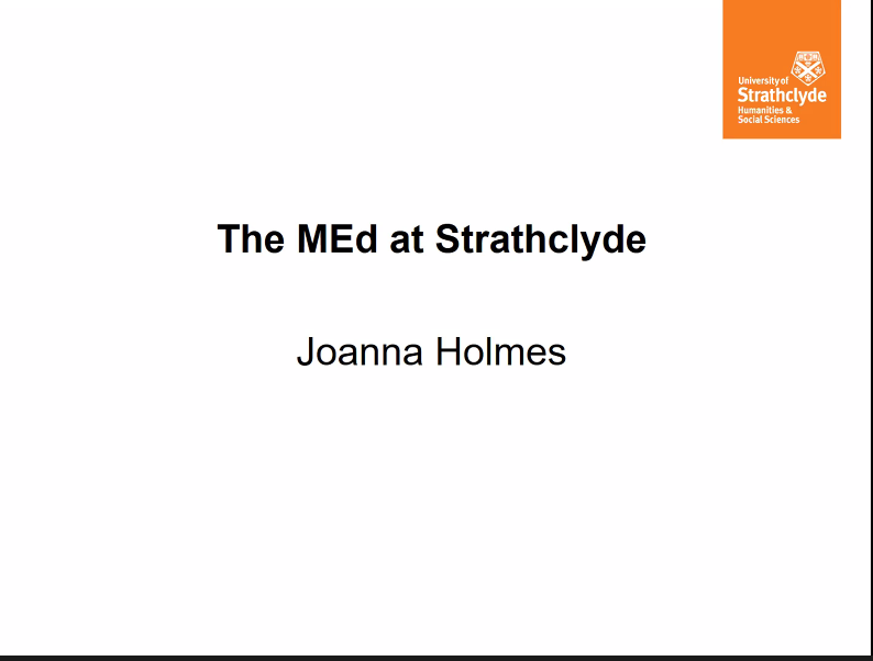 StrathEDU's tweet photo. Next, @joanna_holmes discusses the MEd Programme @StrathEDU. Joanna is the director of Postgraduate Taught Programme and discusses how ITE has moved on from the Donaldson Report. She shares the wide range of pathways and structures we have on our Masters programme. #StrathCLPL https://t.co/Y70j7u4SmT