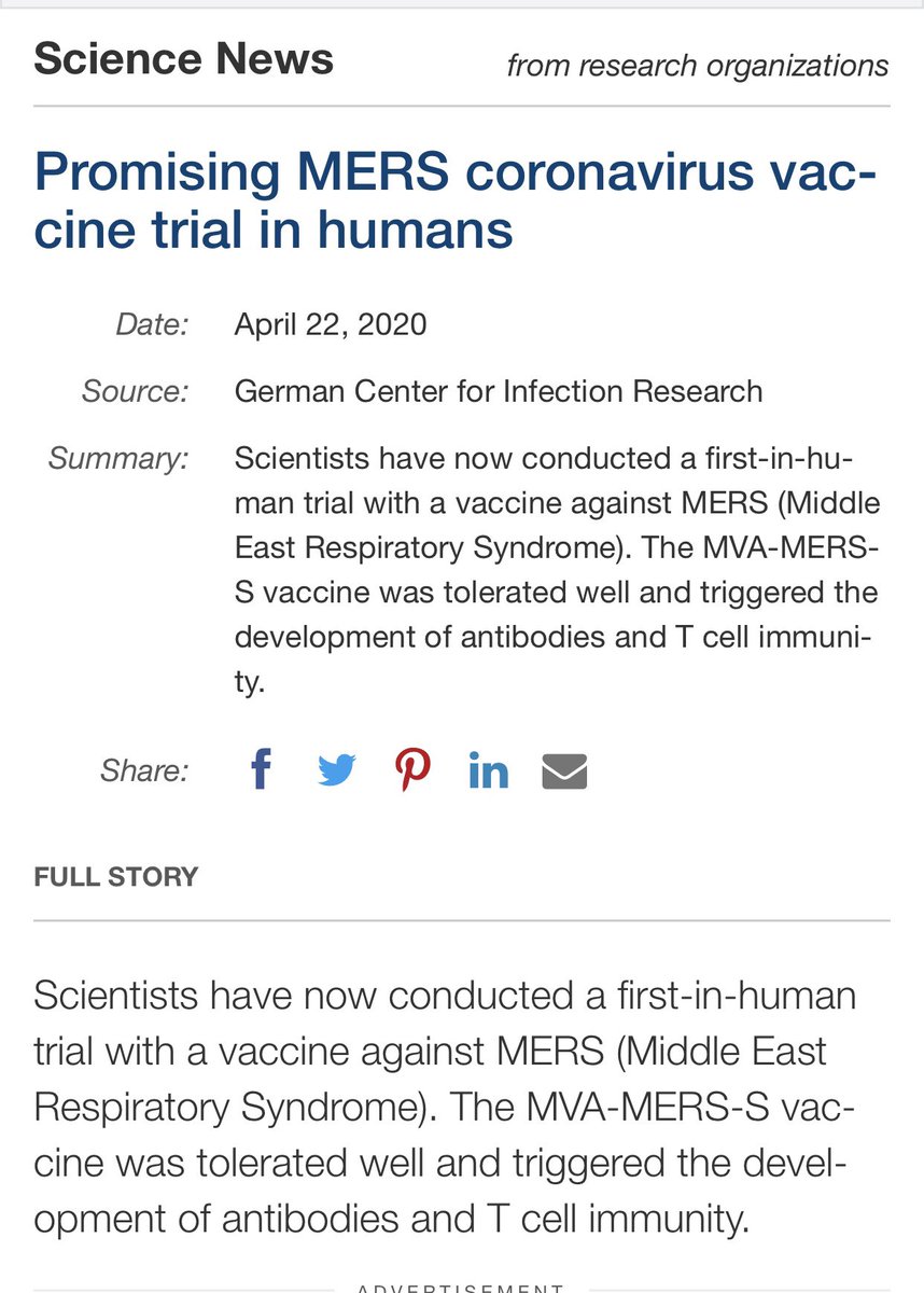 MERS-CoV (2012)APRIL 2020 - FIRST HUMAN TRIAL https://www.sciencedaily.com/releases/2020/04/200422132600.htm