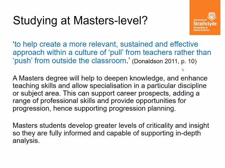 StrathEDU's tweet photo. Next, @joanna_holmes discusses the MEd Programme @StrathEDU. Joanna is the director of Postgraduate Taught Programme and discusses how ITE has moved on from the Donaldson Report. She shares the wide range of pathways and structures we have on our Masters programme. #StrathCLPL https://t.co/Y70j7u4SmT