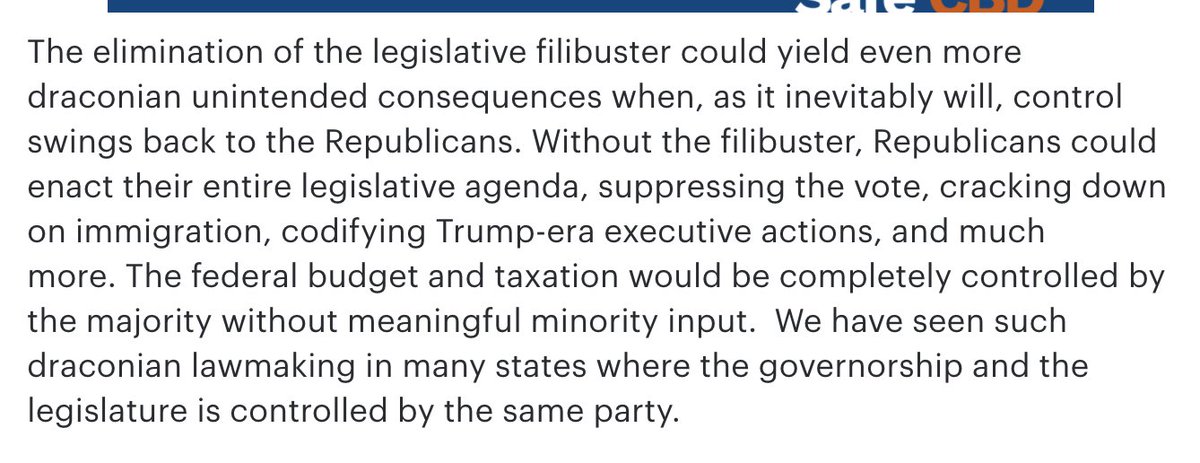 There is the point that control swings back and if Democrats nuke the filibuster, Republicans will pass bad things. Perhaps. But the filibuster *overwhelmingly* benefits conservatives at the expense of liberals, up to the present day. It's not a remotely close call. Moreover...