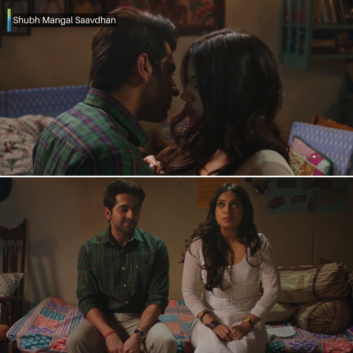 They are 𝑆ℎ𝑢𝑏ℎ 𝑀𝑎𝑛𝑔𝑎𝑙 𝑆𝑎𝑎𝑣𝑑ℎ𝑎𝑛's Mudit ( @ayushmannk) and Sugandha ( @bhumipednekar) and it is in their tender fumbling that we find ourselves. Ourselves, as we were when we leaned in for our first kiss with someone—anxious, hopeful, eager, nervous.(2/10)