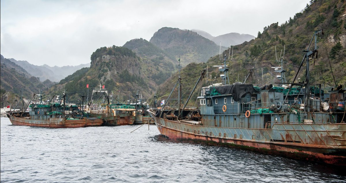 Based on  @GlobalFishWatch's research, our investigation revealed nearly 800 Chinese squid boats fishing in N Korean waters in violation of strict UN sanctions. The  @StimsonCenter pointed out that they too found clear ties between the Chinese government & N Korean fishing rights.