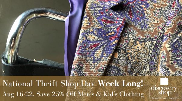 David Stempel (@davidcstempel) on Twitter photo Love upscale resale and save 25% off men's and children's clothing! Week long, <a href="/MyDiscoveryShop/">Discovery Shop Enterprise</a> is celebrating National Thrift Shop Day through Sat, Aug 22. Your purchases support <a href="/AmericanCancer/">American Cancer Society</a> funded research, patient programs & services. Find a shop: cancer.org/discovery Love upscale resale and save 25% off men's and children's clothing! Week long, <a href="/MyDiscoveryShop/">Discovery Shop Enterprise</a> is celebrating National Thrift Shop Day through Sat, Aug 22. Your purchases support <a href="/AmericanCancer/">American Cancer Society</a> funded research, patient programs & services. Find a shop: cancer.org/discovery