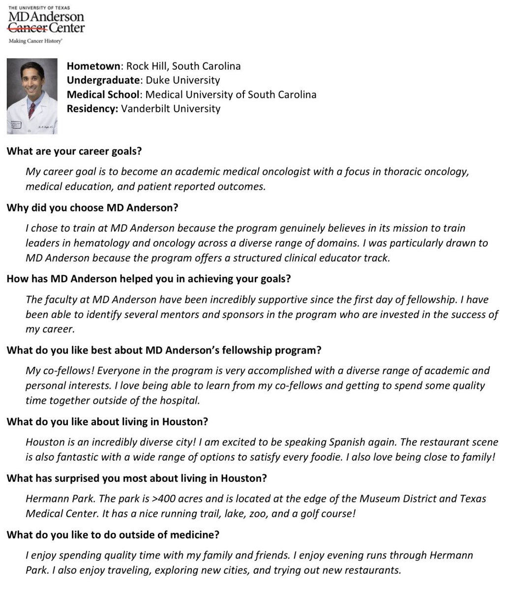 As the #hemeonc virtual interview season approaches, I wanted to share my reasons for choosing to train <a href="/MDAndersonNews/">MD Anderson Cancer Center</a> for Hematology/Oncology fellowship. 

Read more about my amazing co-fellows here: mdanderson.org/education-trai…

#medtwitter #fellowship