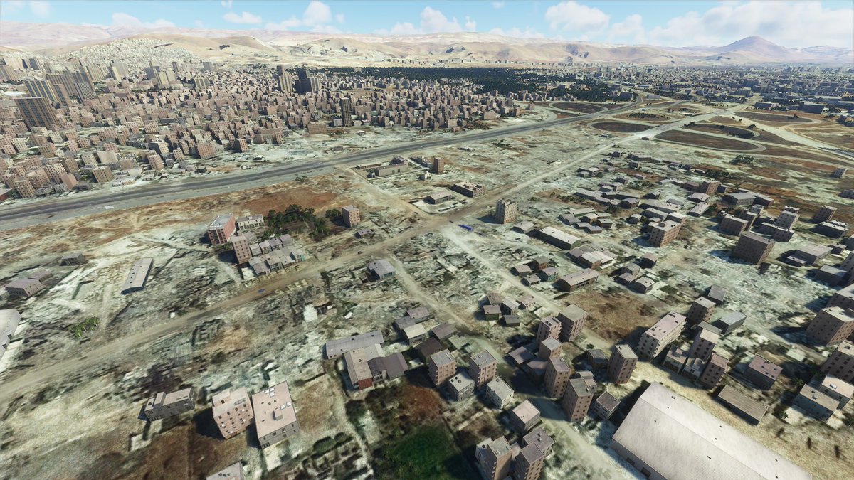 A leveled neighbourhood in northeast Damascus (33.543722, 36.344194) in  #MFS2020You can see destroyed buildings in the underlying satellite image in the game. The AI has rendered the buildings that were still standing.