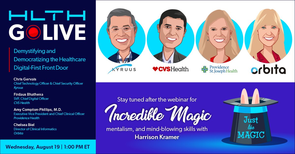 [WEBINAR TODAY] Join <a href="/CVSHealth/">CVS Health</a>'s <a href="/firdausbhathena/">Firdaus Bhathena</a>, <a href="/providence/">Providence</a>'s <a href="/amyleecp3/">Amy Compton-Phillips, MD</a>, <a href="/kyruus/">I Am Kyruus</a>'s <a href="/cgervais/">Cedric Gervais</a>, &amp; moderator Chelsea Biel of <a href="/orbita_inc/">Orbita, Inc.</a> for live discussion on digital methods for closing gap btwn patients &amp; care teams - Wed, 8/19, 1p ET.  bit.ly/3iY9ZD4 #HLTHGoLIVE