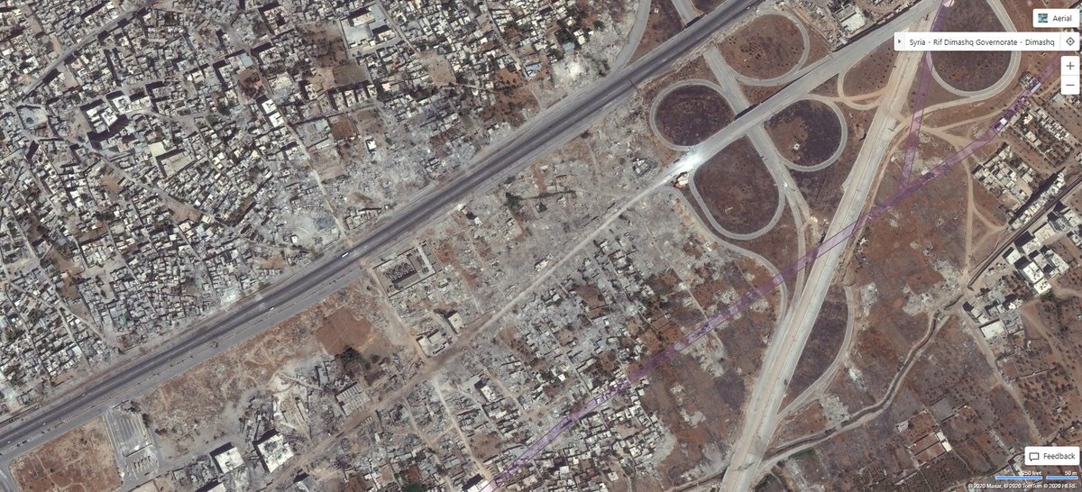 A leveled neighbourhood in northeast Damascus (33.543722, 36.344194) in  #MFS2020You can see destroyed buildings in the underlying satellite image in the game. The AI has rendered the buildings that were still standing.