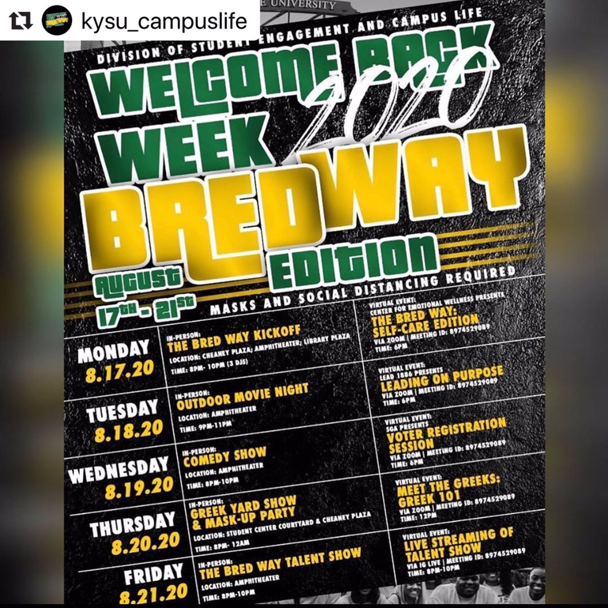 kysusga's tweet photo. #Repost @kysu_campuslife 
・・・
WELCOME BACK TO THE HILL BREDS💚💛 WE HOPE YOU ARE READY FOR AN EXCITING WEEK OF IN PERSON AND VIRTUAL EVENTS AS WE WELCOME ALL OF OUR STUDENTS BACK TO CAMPUS! 💚💛 https://t.co/VUVpwGX5Pq