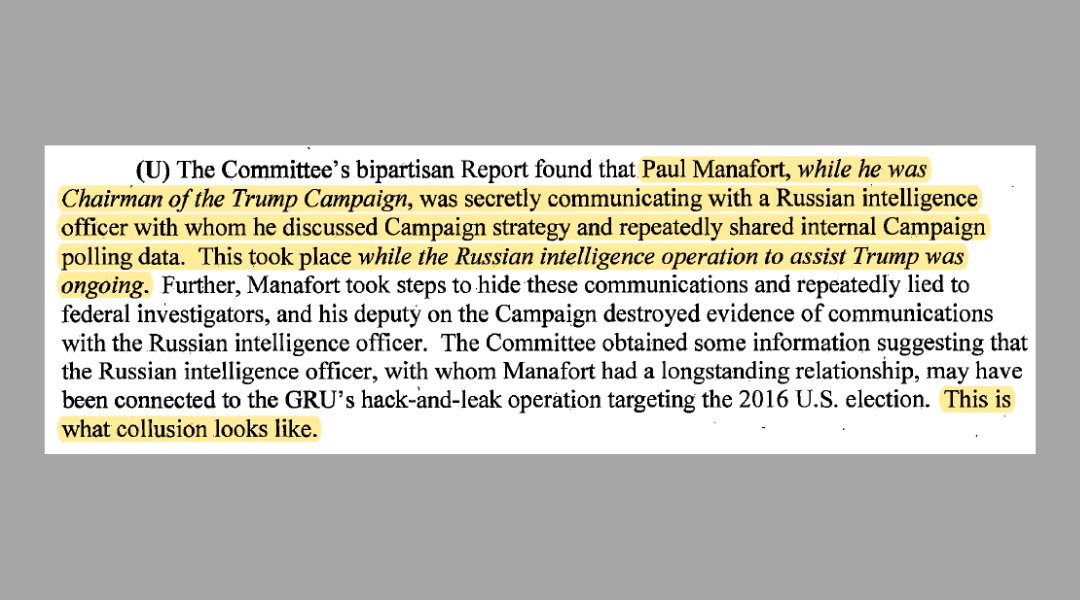 nedprice's tweet photo. This sums it up: Manafort was in secret comms w a Russian intel officer possibly assisting Moscow's operation while it was underway. Manafort provided (and then covered-up) internal Trump strategy / polling -- hugely valuable to Moscow's targeting.

Sure seems like collusion. https://t.co/ZZMB9RZ6jJ