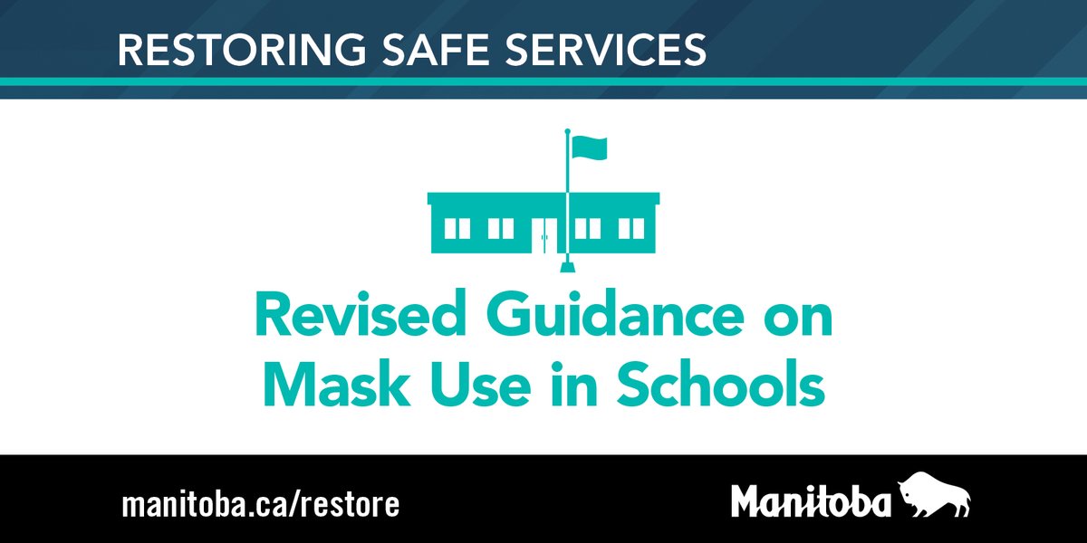 MBGov's tweet photo. Masks will be required for Grades 4-12 students and school staff and others in common areas and wherever physical distancing of 2m is not possible in schools and on school buses. Further guidance on exceptions and mask-free time will be available soon. https://t.co/eIEkceP2Xs