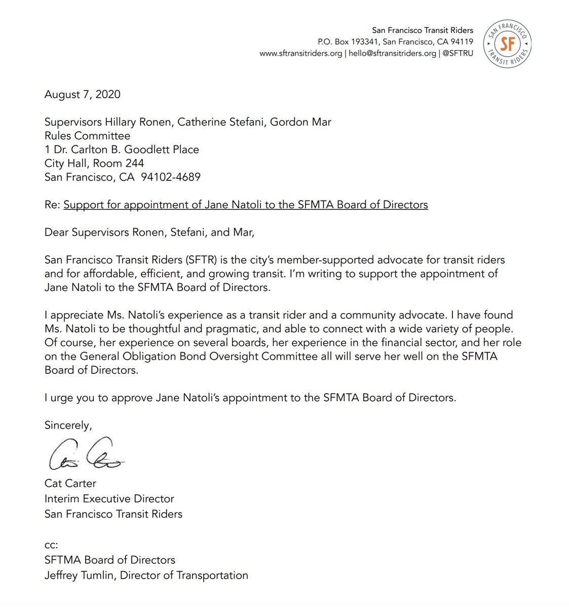 Some of the letters from the four packets of public correspondence gathered between April 16th and August 18th:  https://sfgov.legistar.com/View.ashx?M=F&ID=8708124&GUID=09C1548A-6C73-4C5D-9BE7-BABFC5FC06AB https://sfgov.legistar.com/View.ashx?M=F&ID=8714649&GUID=EB92ECD0-759C-4FF7-9EE6-8178250BF53B https://sfgov.legistar.com/View.ashx?M=F&ID=8717788&GUID=F5B9DB7C-53BB-4A46-96BC-AB26FCA082C1 https://sfgov.legistar.com/View.ashx?M=F&ID=8731169&GUID=964C92BC-B8F2-4FB7-871B-E9BE5F2F13CA