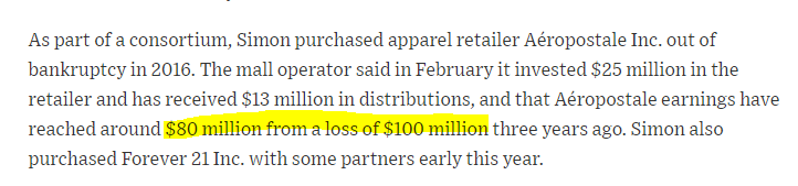 4/ In 2016 Simon Properties Group teams up with ABG to purchase mall brand Aeropostale out of bankruptcy and by 2017 500 Aero stores were reopenedA critical point to the storyline is that SPG x ABG swung Aero from a -$100M loss at acquisition to +$80M in net income by 2019