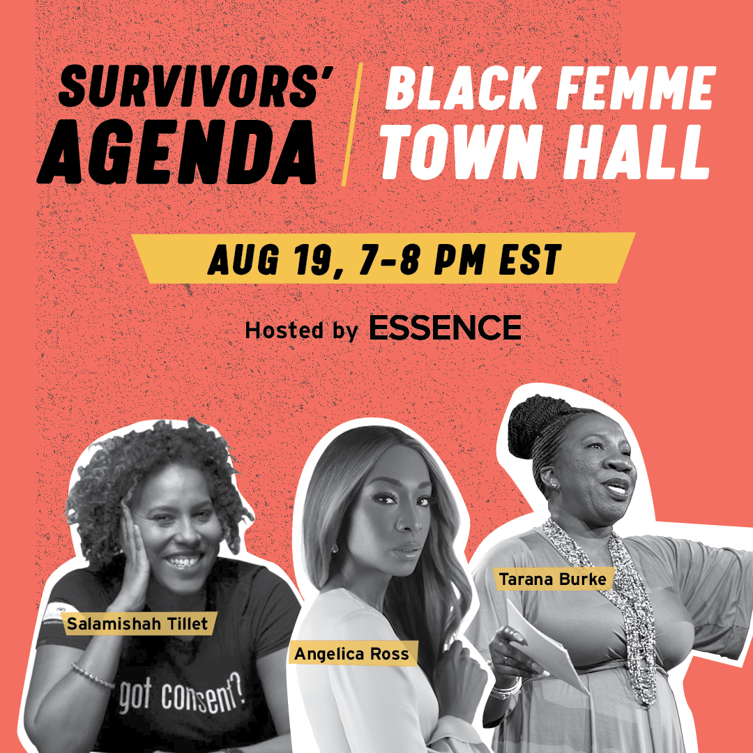 🗣️ Believe survivors! @TaranaBurke , @angelicaross and @salamishah are joining us TODAY for the @MeTooMVMT #SurvivorsAgenda Black Femme Town Hall. Tune in on the ESSENCE Facebook page.