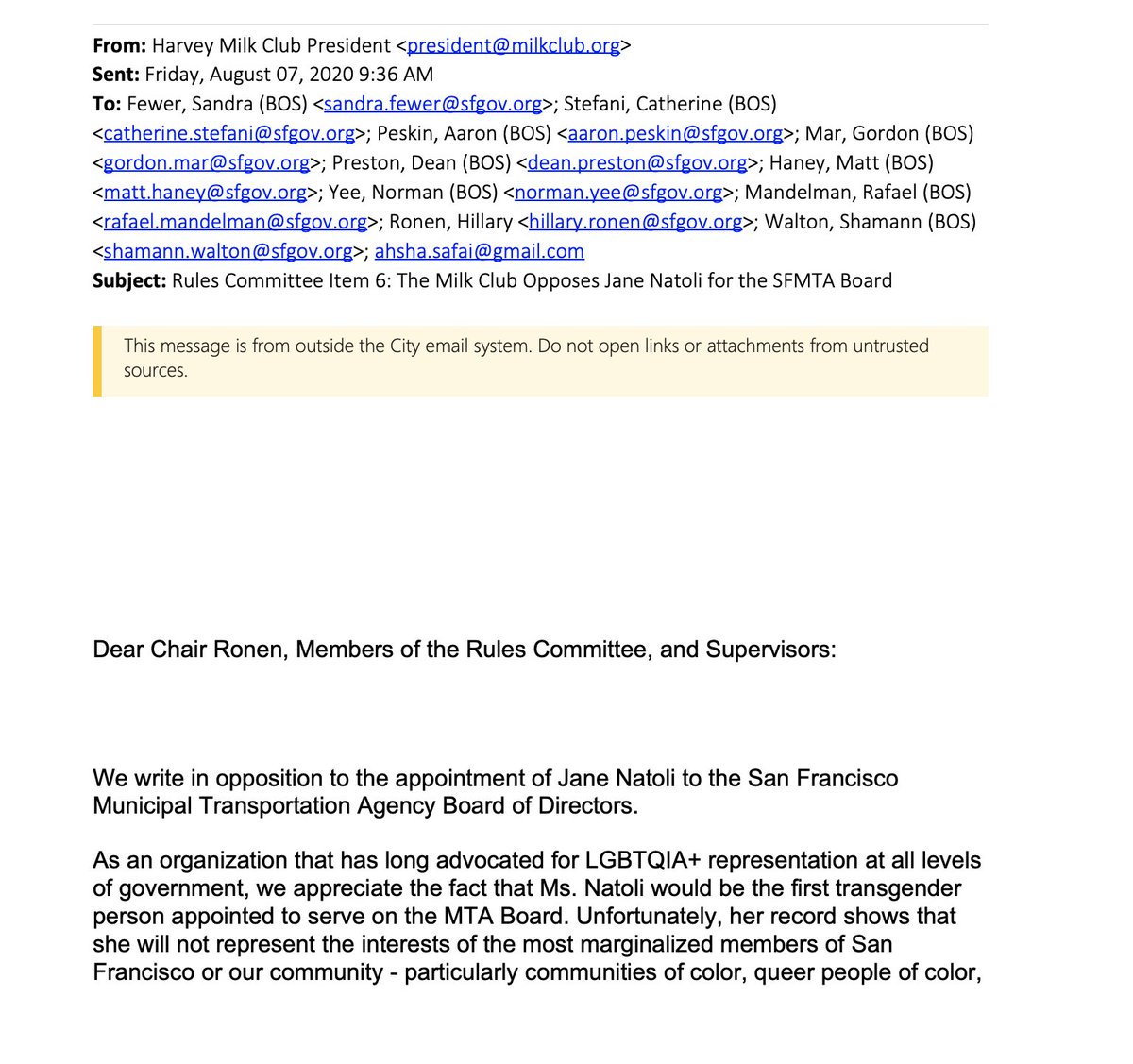 Jane didn't have unanimous support, that's true. Groups like the Harvey Milk Democratic Club and a working group of the local DSA sent letters in opposing her, among others. But their rationale was flimsy, lazy, and rooted in the petty partisanship SF is constantly mired in