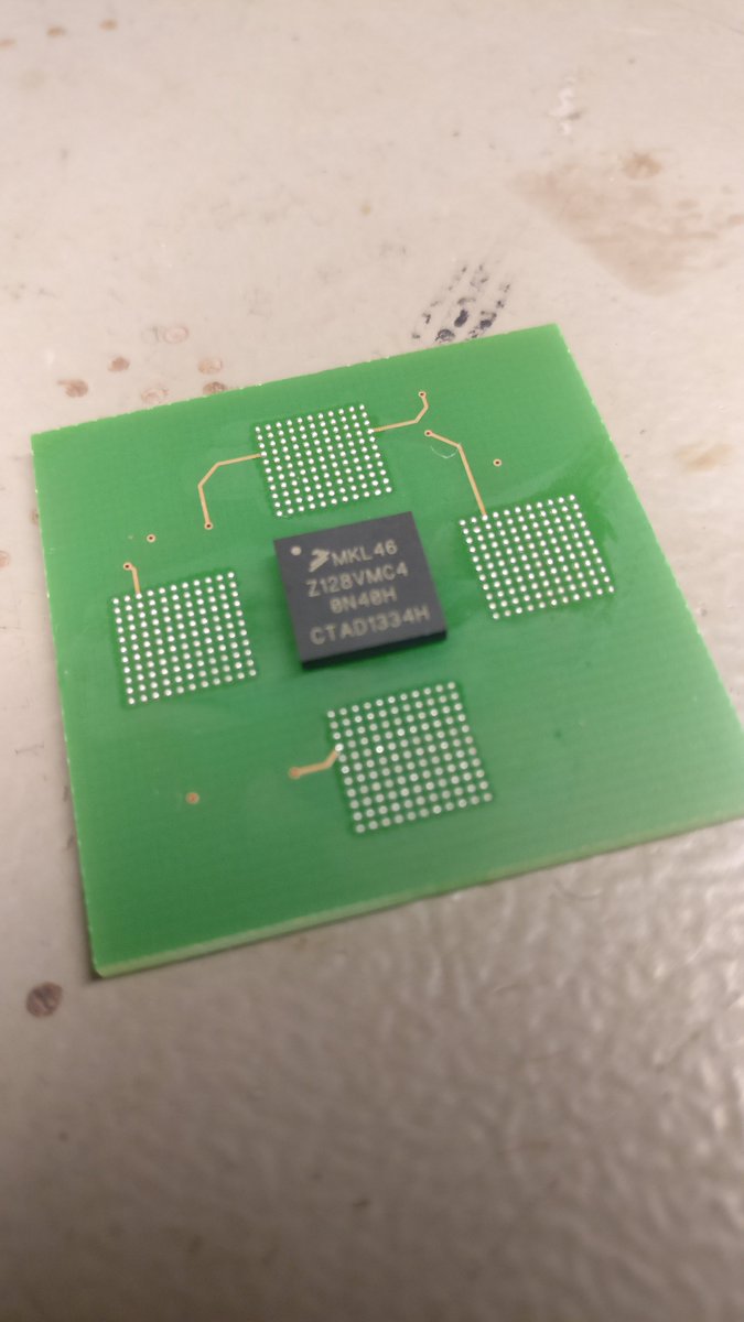 August 3: We practice emergency BGA assembly:- Put solder paste on a PCB- Reflow it once- Apply a thin(!) layer of (tacky) flux- Place the BGA- Reflow once more on a hot plateThe results are encouraging: