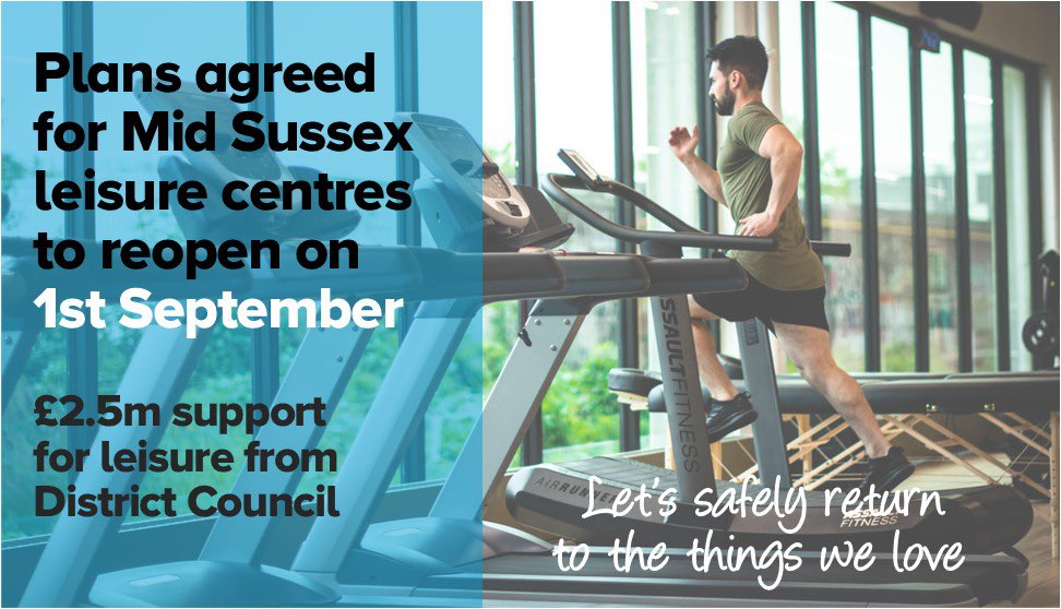 Mid Sussex leisure centres will reopen on 1st September. 

The Conservative Council has put in place the financial support needed to allow reopening with social distancing.

That means local residents can safely return to the gym, classes and the pool.