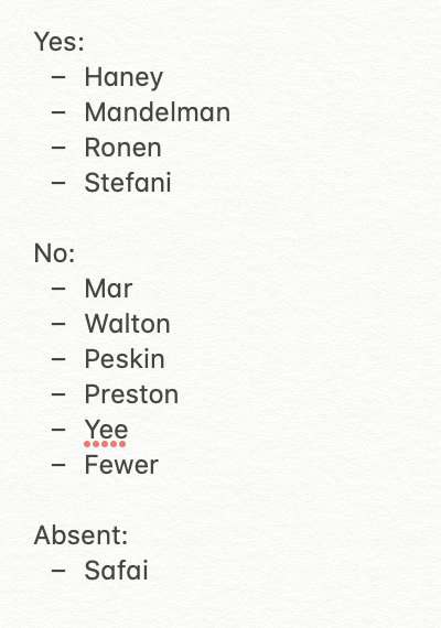In a reversal,  @D4GordonMar, under pressure from  @SandraLeeFewer,  @AaronPeskin, and  @DeanPreston flipped his vote. Ultimately, Jane's nomination was dashed, by a vote of 4-6