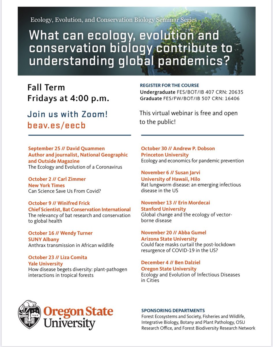 Very pleased to announce the <a href="/OregonState/">Oregon State University</a> EECB seminar series this fall. All are welcome to Zoom in for what will undoubtedly be some fascinating, relevant talks. <a href="/taaltree/">Taal Levi</a> <a href="/COFOregonState/">Forestry - OSU</a> <a href="/oregonstatenews/">Oregon State News</a>