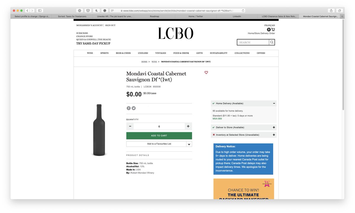 Anywho, I log in to see if anyone posted any whisky on clearance in Toronto last month to come across a post about a guy asking about this bottle of Mondavi wine listed at $0.I mean, it's LCBO. How can something be listed for $0?