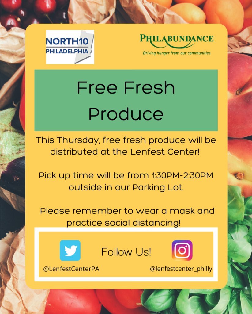 Free fresh will be distributed at Lenfest Center this Thursday, August 20th, in the parking lot from 1:30pm-2:30pm. Please be sure to bring a bag, wear a mask and practice social distancing.