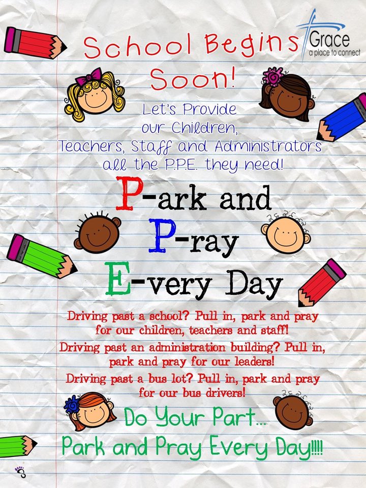 CCGRACEUMC's tweet photo. Help us pray over all the students, teachers, staff, and administrators this school year! If you’re in the area of a school, please park and pray for these kiddos and those who are guiding them along the way! #aplacetoconnect #parkandpray #PPE #2020schoolyear https://t.co/jMAAptCOGf