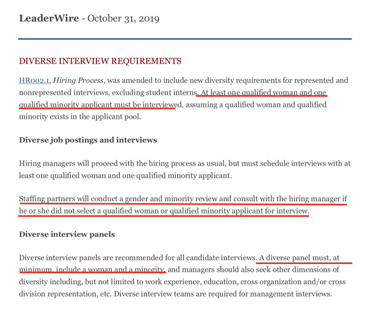 Last year, Sandia Labs implemented a new policy that managers must conduct "gender and minority review[s]" and "include a woman and a minority" in all job interview panels and candidate pools. If they do not comply, they must report this failure to senior managers.
