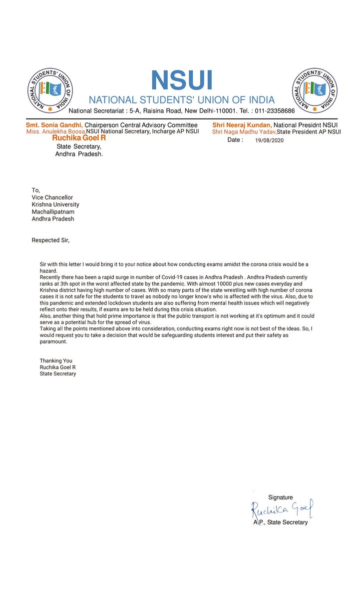 NSUIAndhra's tweet photo. @NSUIAndhra has send a representation to the Krishna University requesting them to postpone exams amidst the corona crisis. We request to reconsider their decision keeping the student safety at paramount.
#NoExamsInCovid
#Studentslivesmatter https://t.co/jAekS7tmfX