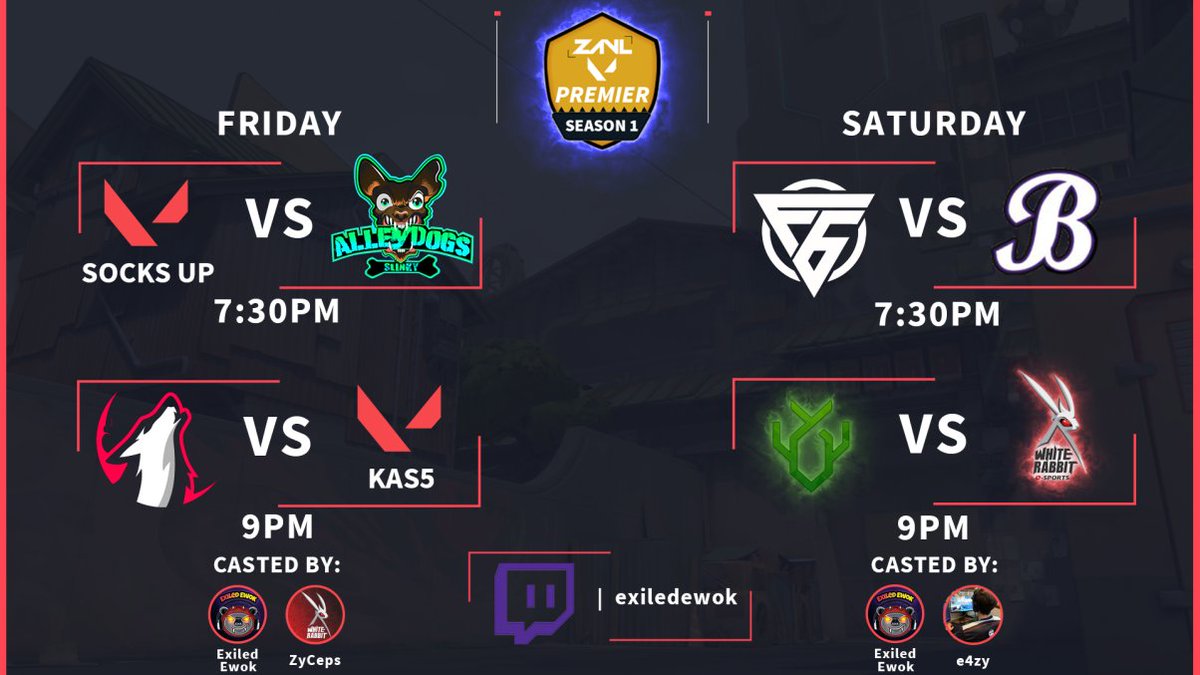 ZAVLEAGUE's tweet photo. ZAVL Premier Week 1

FRIDAY
7:30PM-#SocksUp vs @esports_adg
9:00PM-@EclipseGamingZA vs #Kas5 

SATURDAY 
7:30PM-@Frantic6Esports vs @boomersclubZA   
9:00PM-@omnius_gaming vs @WRabbitGaming

Casters:@EwokExiled and @Mist_e4zy and @zyceps 

Watch at: https://t.co/lAfxe2pJp7 https://t.co/DYDgk1YUt1