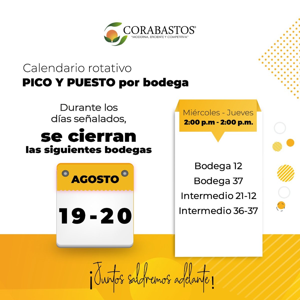 CorabastosSA's tweet photo. #CORABASTOSContigo

🇨🇴Recuerda que hoy  a las 2 p.m. hasta las 2 p.m. Y mañana, las bodegas mencionadas no🚫 prestarán servicio. 

Para consulta del calendario rotativo de Pico y Puesto por bodega ingrese a👉https://t.co/a6jzpeFhap👈
.
#corabastos #EstáEnTusManos https://t.co/zzEMyVZI4U
