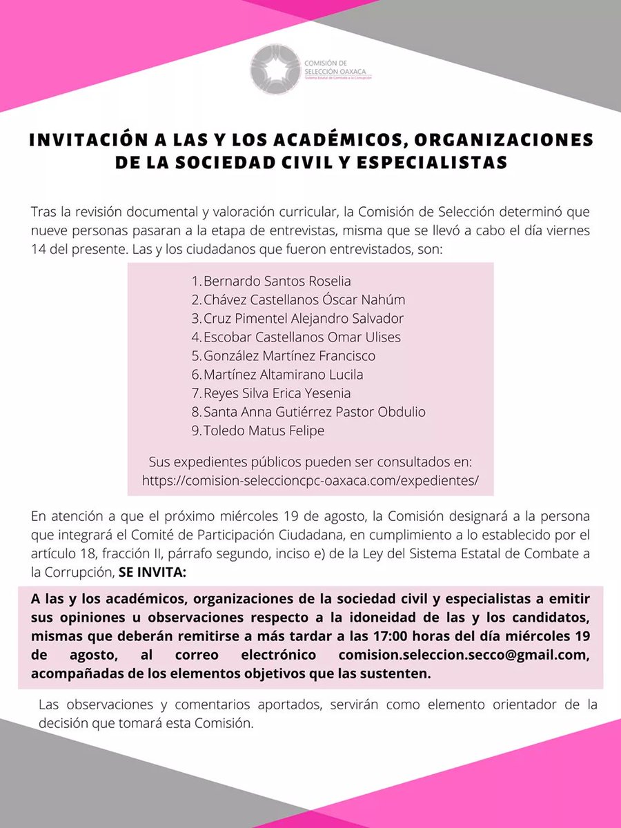 ComisionOaxaca's tweet photo. 🛑 Hoy a las 17:00 horas vence el plazo para emitir opiniones u observaciones sobre el perfil idóneo para integrar el Comité de Participación Ciudadana del Sistema Estatal de Combate a la Corrupción. https://t.co/2IiEQuBcRv