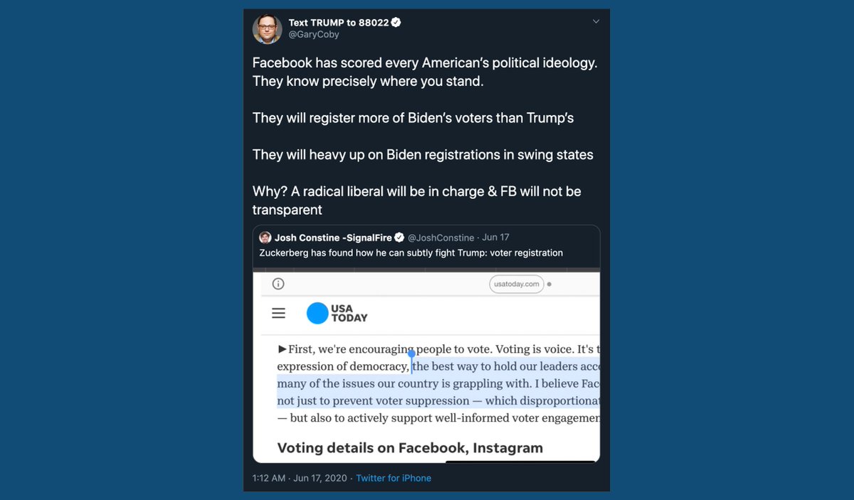 Zuckerberg’s June 17 op-ed was met with pushback from the Trump campaign.The campaign’s digital director, Gary Coby tweeted “They will register more of Biden’s voters than Trump’s. They will heavy up on Biden registrations in swing states.”