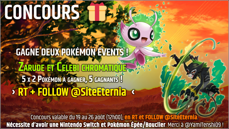 SiteEternia's tweet photo. C'est l'heure du #CONCOURS 🎁
Grâce à @YamiTenshi09, on vous fait gagner 5 Celebi chromatiques et 5 Zarude sur #PokémonEpéeBouclier ! Pour participer, c'est easy :
🔹 RT ce tweet
🔹 Follow @SiteEternia
Fin du concours mercredi prochain à 12h ! Photos des bêtes juste en dessous 👇 https://t.co/OPXiyZY6JH