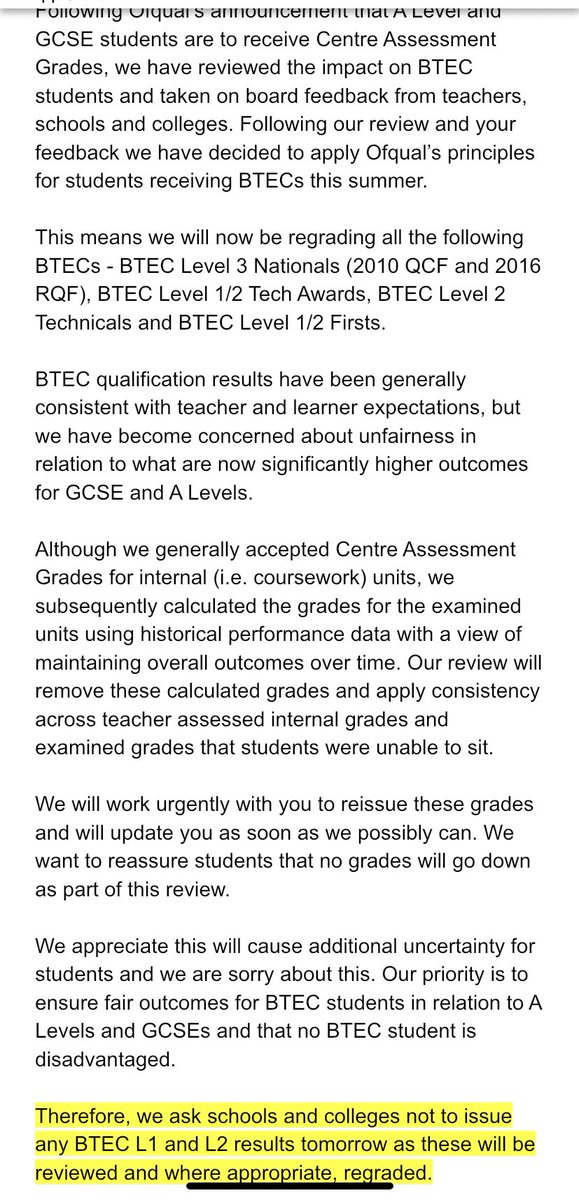 NEW: More exams chaos. After the Ofqual ruling that BTECs will be treated the same way as A-levels Pearson (the body which administers Btec qualifications) has just emailed all schools to say they shouldn’t give out the L1 and L2 results that they’re due to give out...tomorrow.