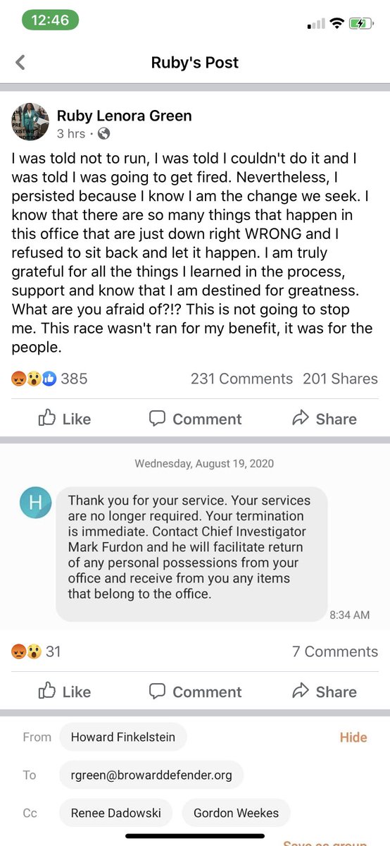 nuggetmommy's tweet image. A young public defender in Broward County ran to head that department. She lost the race and was summarily terminated this morning. Something isn’t right with the Broward County Public Defender office. #JusticeForRuby